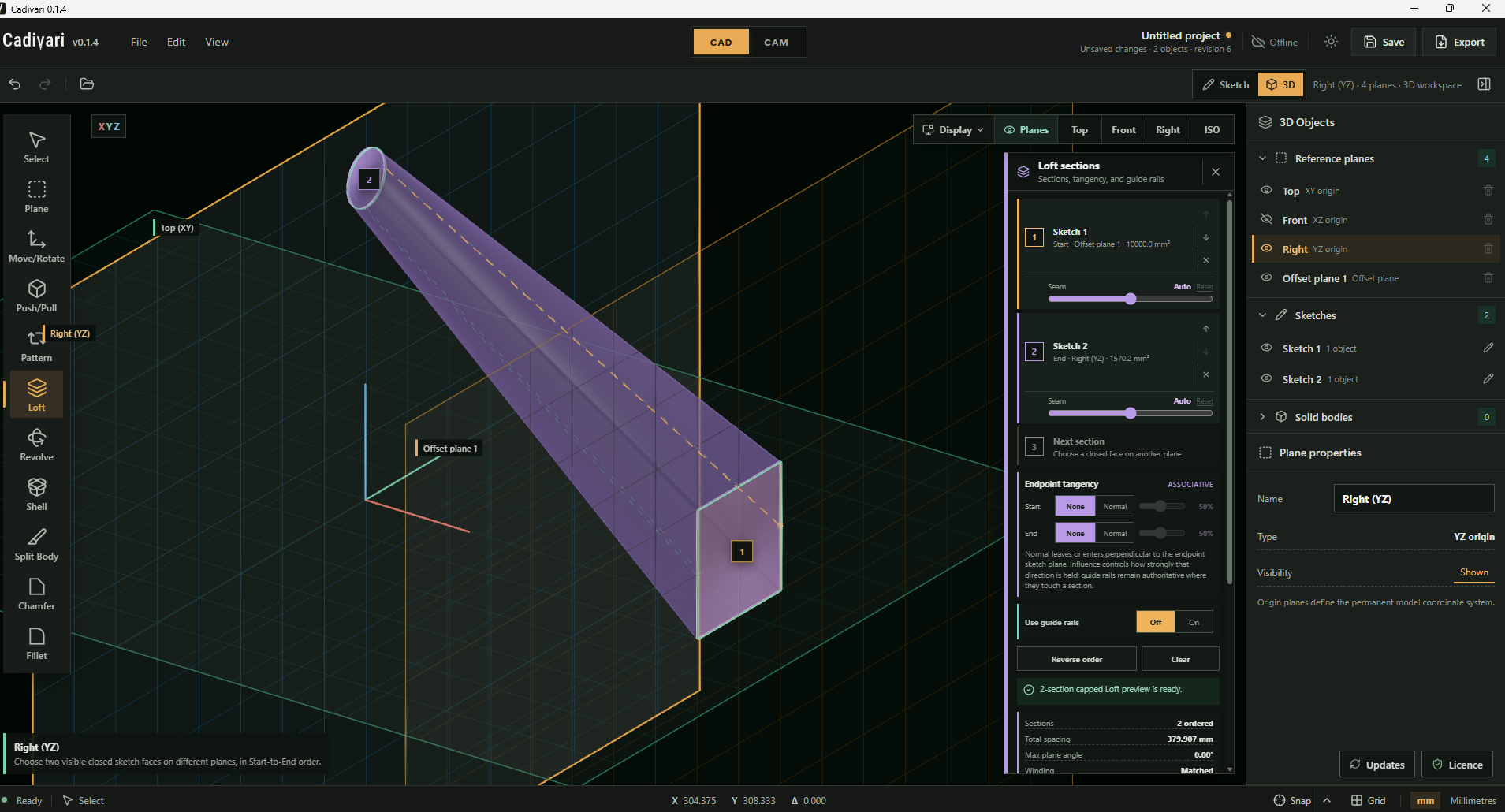 Cadivari showing a purple loft preview between rectangular and circular sketch sections on separate planes, with section order, seam, endpoint tangency and guide rail controls visible.
