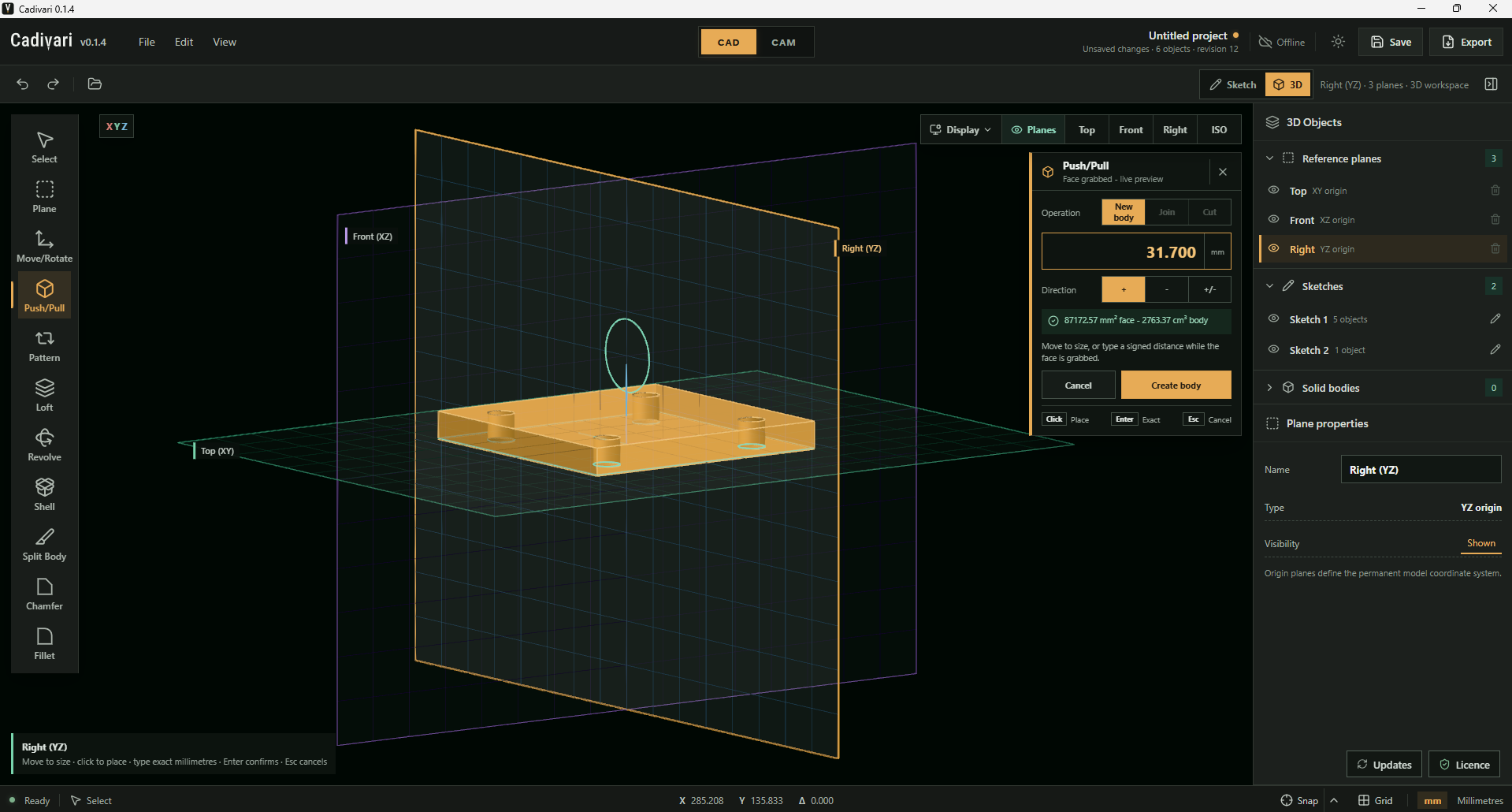 Cadivari showing a gold Push/Pull preview of a plate with four holes. The tool panel has New body selected and a depth of 31.700 mm, with the origin planes visible behind the model.