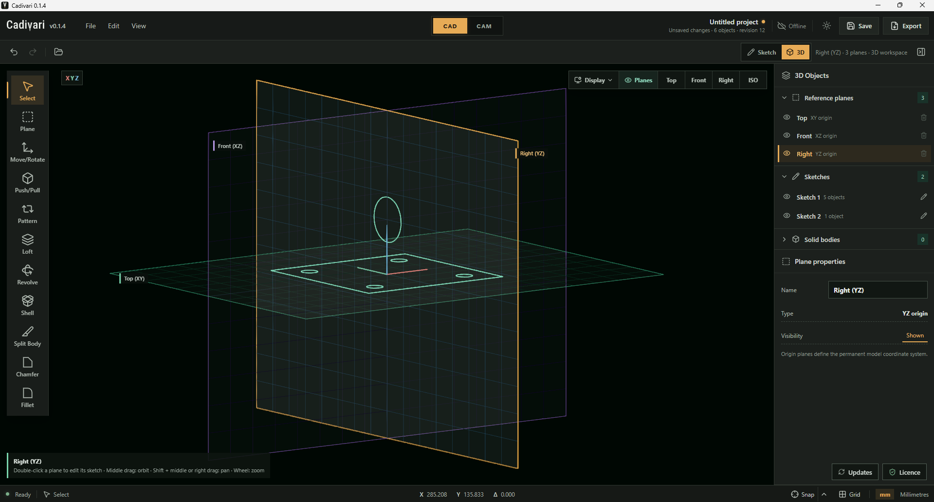 Cadivari in the 3D workspace showing the Top, Front and Right origin planes, a horizontal plate sketch with four circular holes, and a circle on a vertical plane. The Right plane is selected.