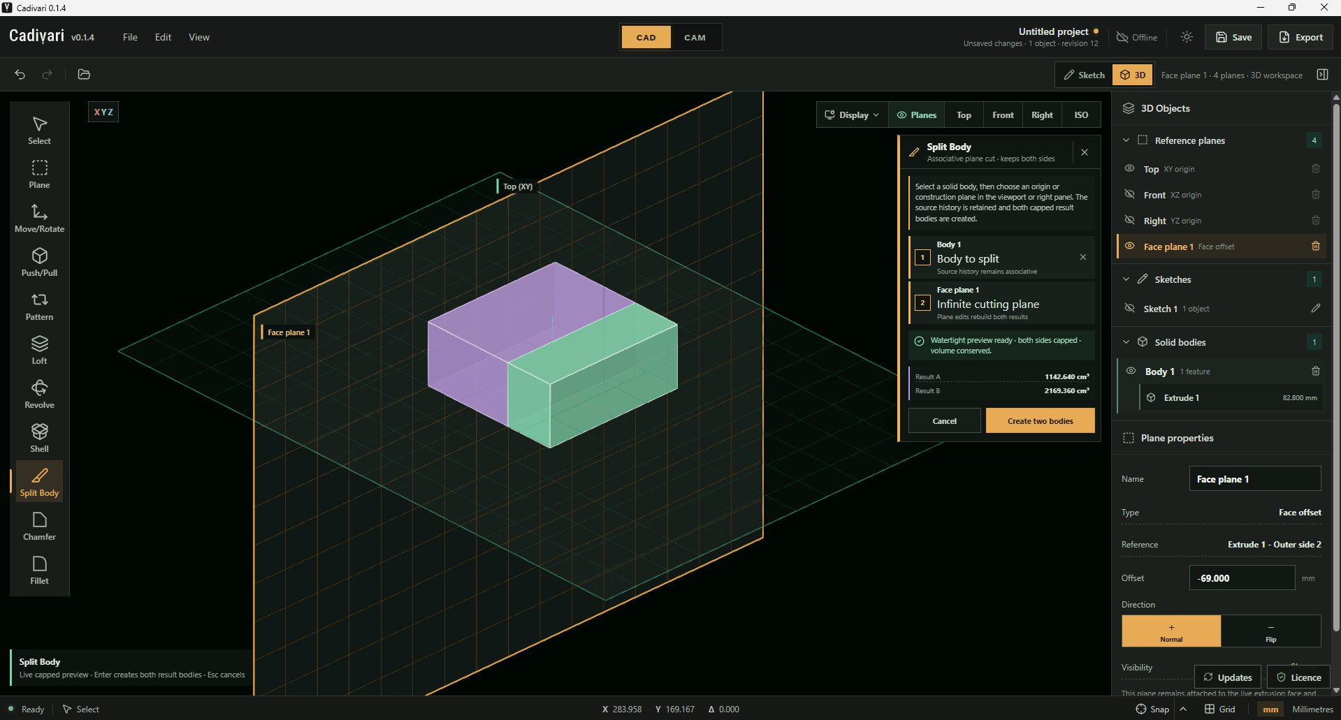 Cadivari showing a Split Body preview of a block divided by an offset face plane into purple and green regions. The tool panel lists both result volumes and a Create two bodies button.