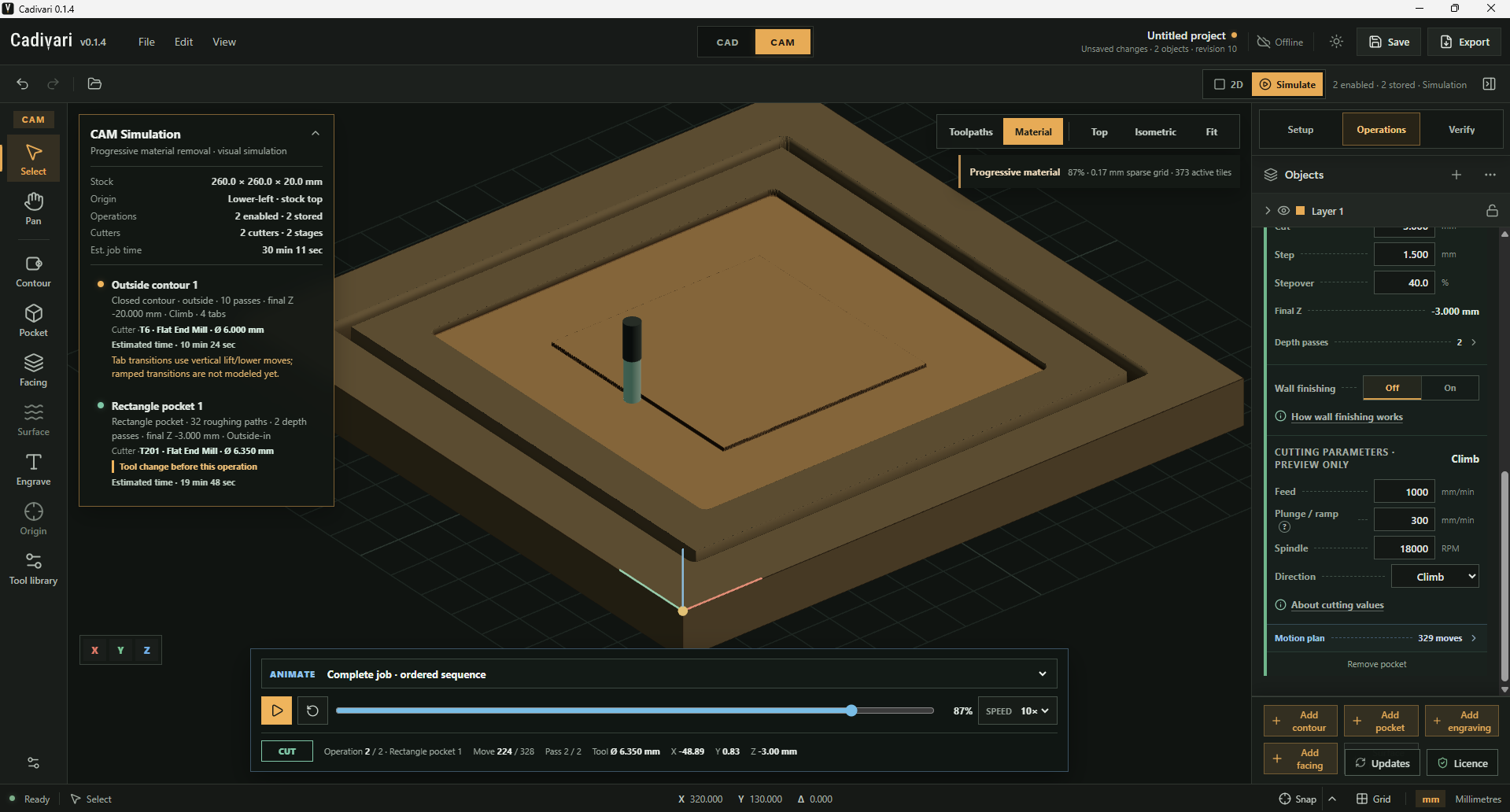 Cadivari CAM in Material simulation mode at 87% playback, showing a cutter over a partly cleared rectangular pocket in brown stock. Material remains near the pocket centre, with the job summary, playback timeline and current operation details visible.