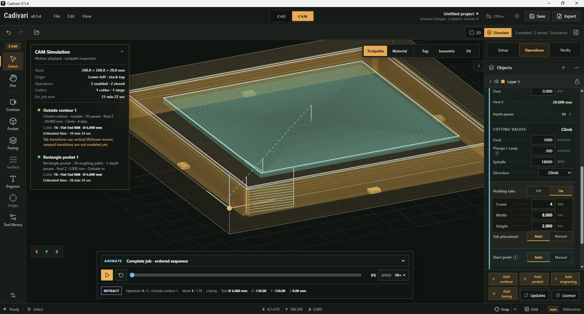 Cadivari CAM simulation showing contour depth passes, rectangular pocket-clearing paths and four gold holding tabs. The operation panel shows tabs enabled at 8 mm wide and 2 mm high, with automatic or manual tab placement and start-point controls.