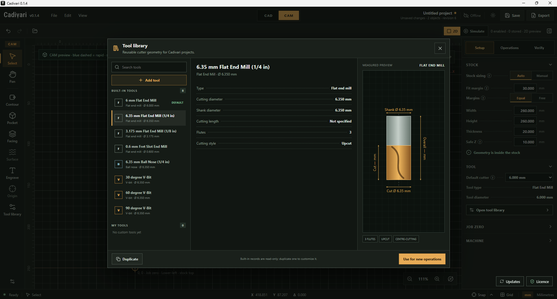 Cadivari CAM with the Tool library open and a 6.35 mm flat end mill selected. Its specifications and dimensioned cutter illustration appear beside the built-in tool list, with stock dimensions and setup controls visible behind the dialog.