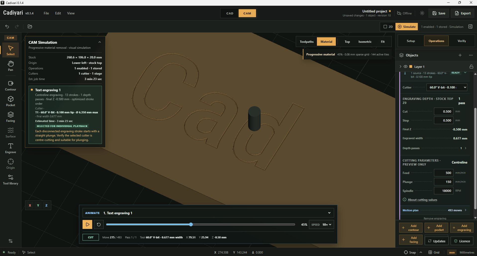 Cadivari CAM Material simulation showing a cutter engraving letter outlines into brown stock at 45% playback. The operation panel shows a 60-degree V-bit, 0.500 mm cutting depth and 0.677 mm engraved width.