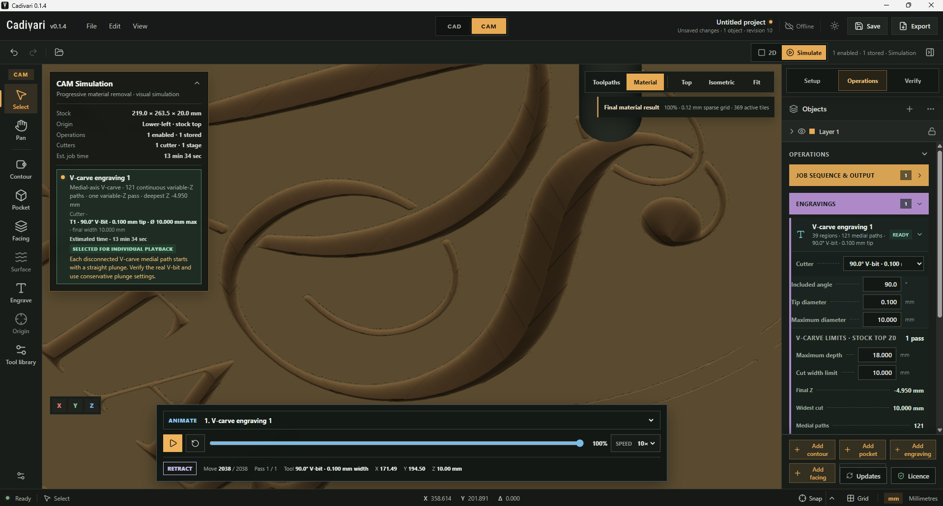 Cadivari CAM showing a close-up of the final V-carved material and its depth and width controls. The panel shows an 18 mm maximum depth, a 10 mm cut width limit and an actual final Z of minus 4.950 mm with a 90-degree V-bit.