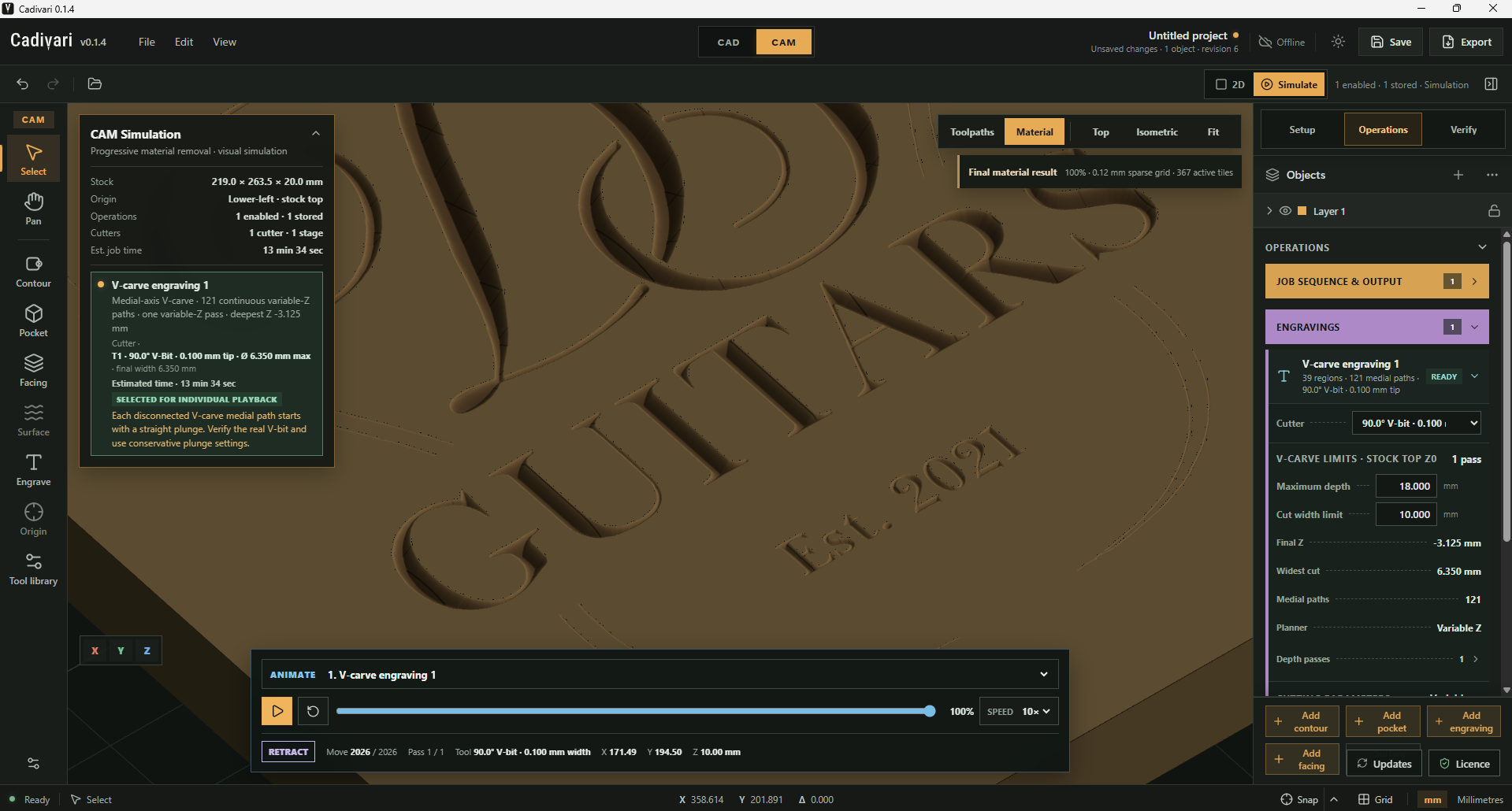 Cadivari CAM showing the final material preview of V-carved SVG artwork, including GUITARS lettering, Est. 2021 and decorative curves. Playback is at 100%, with a 90-degree V-bit and variable-depth carving settings visible in the operation panel.