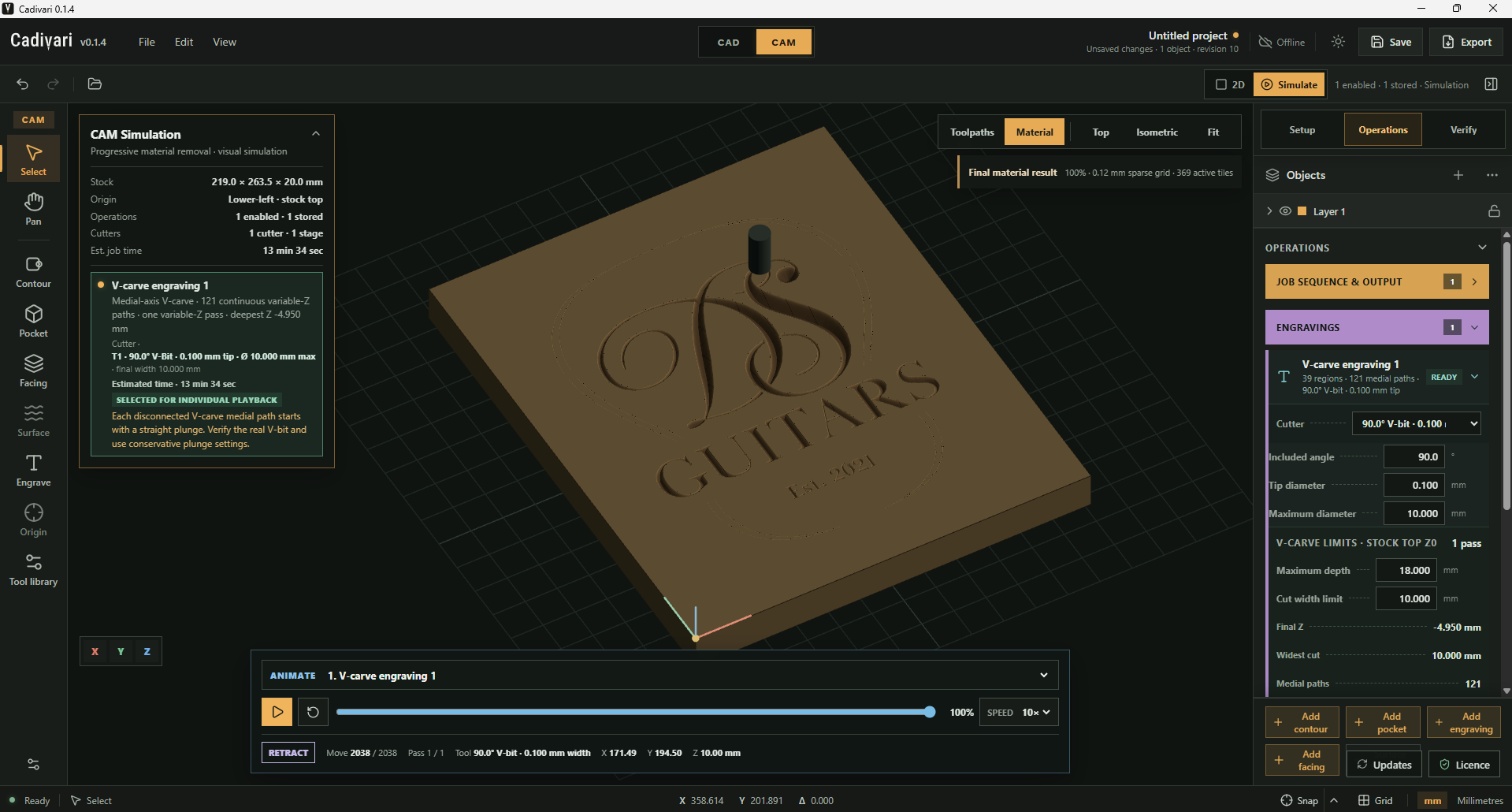 Cadivari CAM showing the complete final material preview of a rectangular stock piece with a carved monogram, GUITARS lettering, Est. 2021 and decorative curves. Playback is at 100%, with the cutter, operation summary and V-carve settings visible.