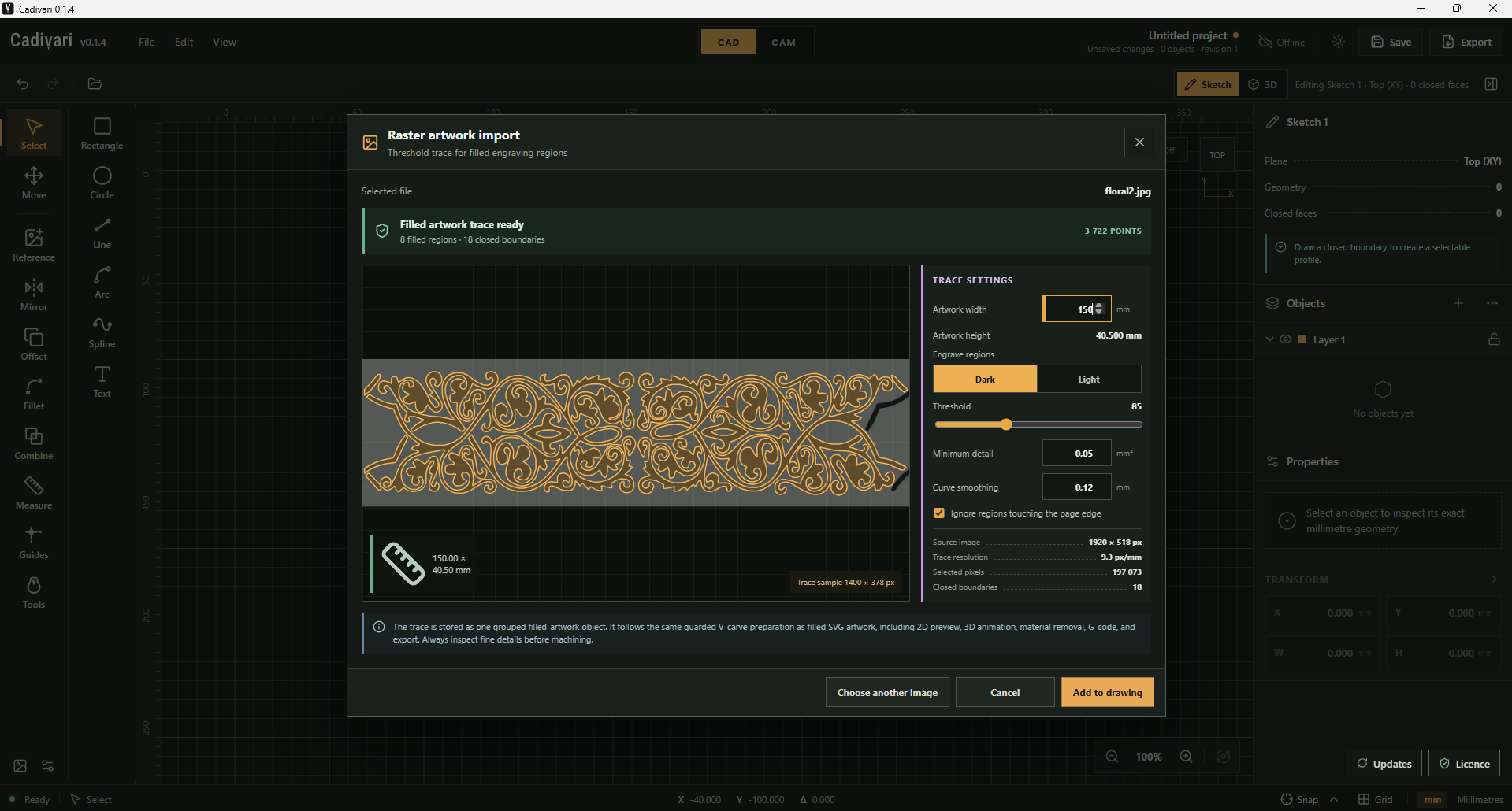 Cadivari Raster artwork import dialog showing a floral JPEG with gold traced boundaries over the source image. The artwork is 150 mm wide, with Dark regions selected and threshold, minimum detail, curve smoothing and page-edge controls visible.