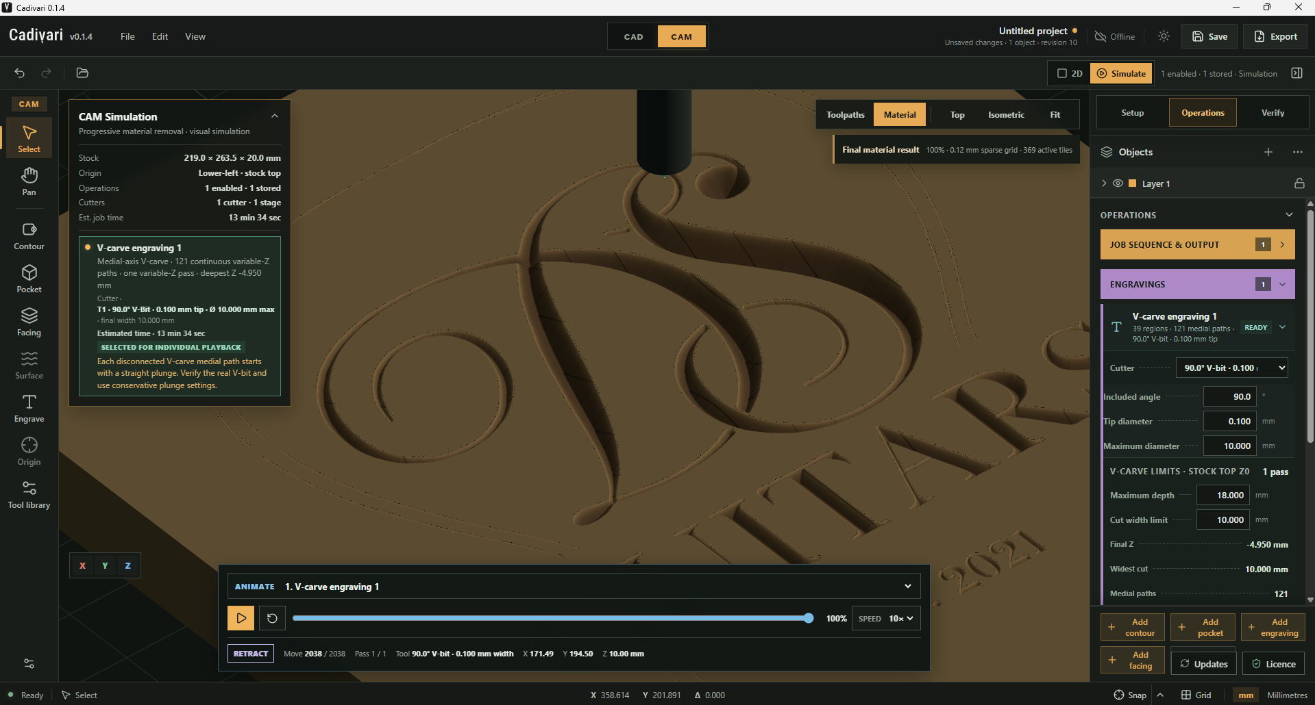 Cadivari CAM showing a close-up of decorative lettering carved with grooves that vary in width and depth. The final material preview is at 100%, with a 90-degree V-bit, a 10 mm widest cut and a deepest Z of minus 4.950 mm shown in the operation settings.