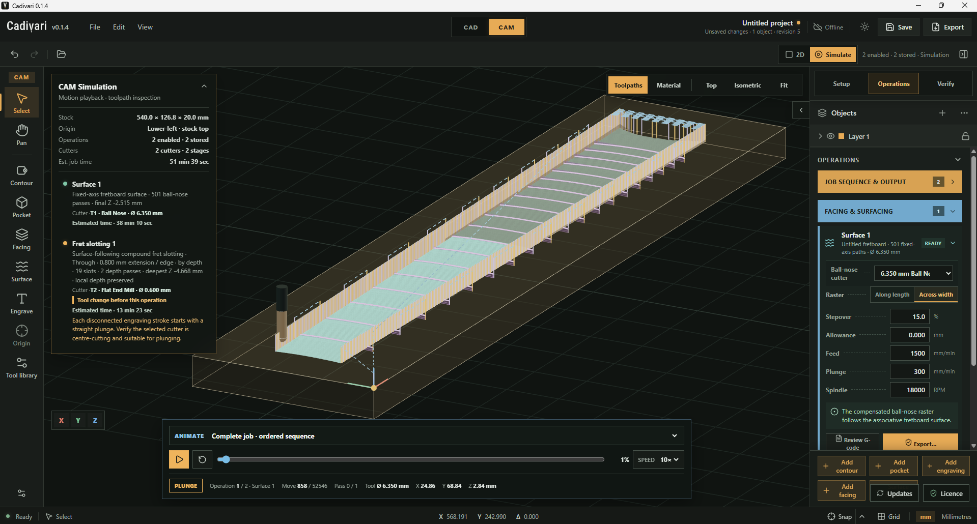 Cadivari CAM simulation showing surfacing and fret-slot toolpaths over a tapered fretboard. The job summary lists a 6.350 mm ball-nose surfacing cutter, 19 surface-following fret slots with a 0.600 mm end mill, and a tool change before slotting.