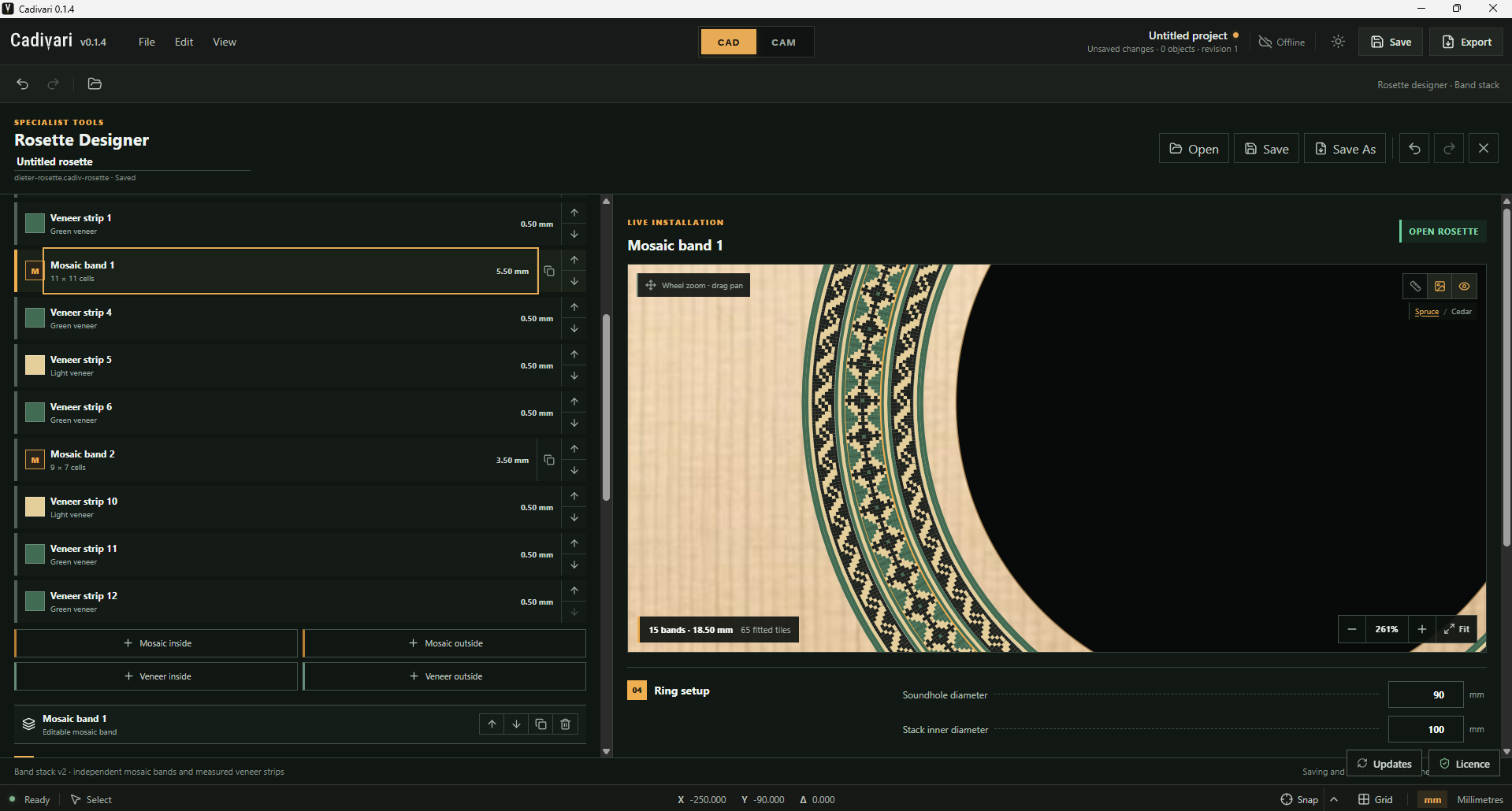 Cadivari Rosette Designer showing an ordered list of mosaic bands and green and light veneer strips beside a close-up installation preview on a spruce soundboard. Mosaic band 1 is selected, and the preview reports 15 bands and an 18.50 mm total width.
