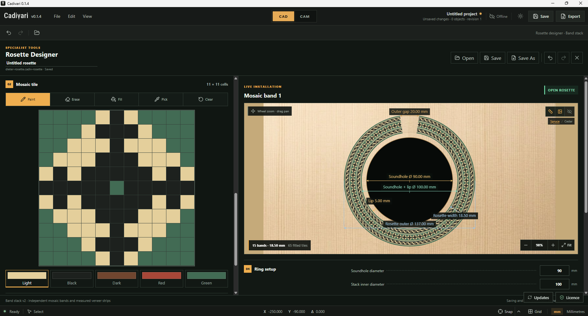 Cadivari Rosette Designer showing the complete rosette with measurement overlays on a spruce soundboard: a 90 mm soundhole, 100 mm soundhole-plus-lip diameter, 137 mm outer diameter, 18.50 mm rosette width and 20 mm outer gap. The mosaic editor is visible on the left.