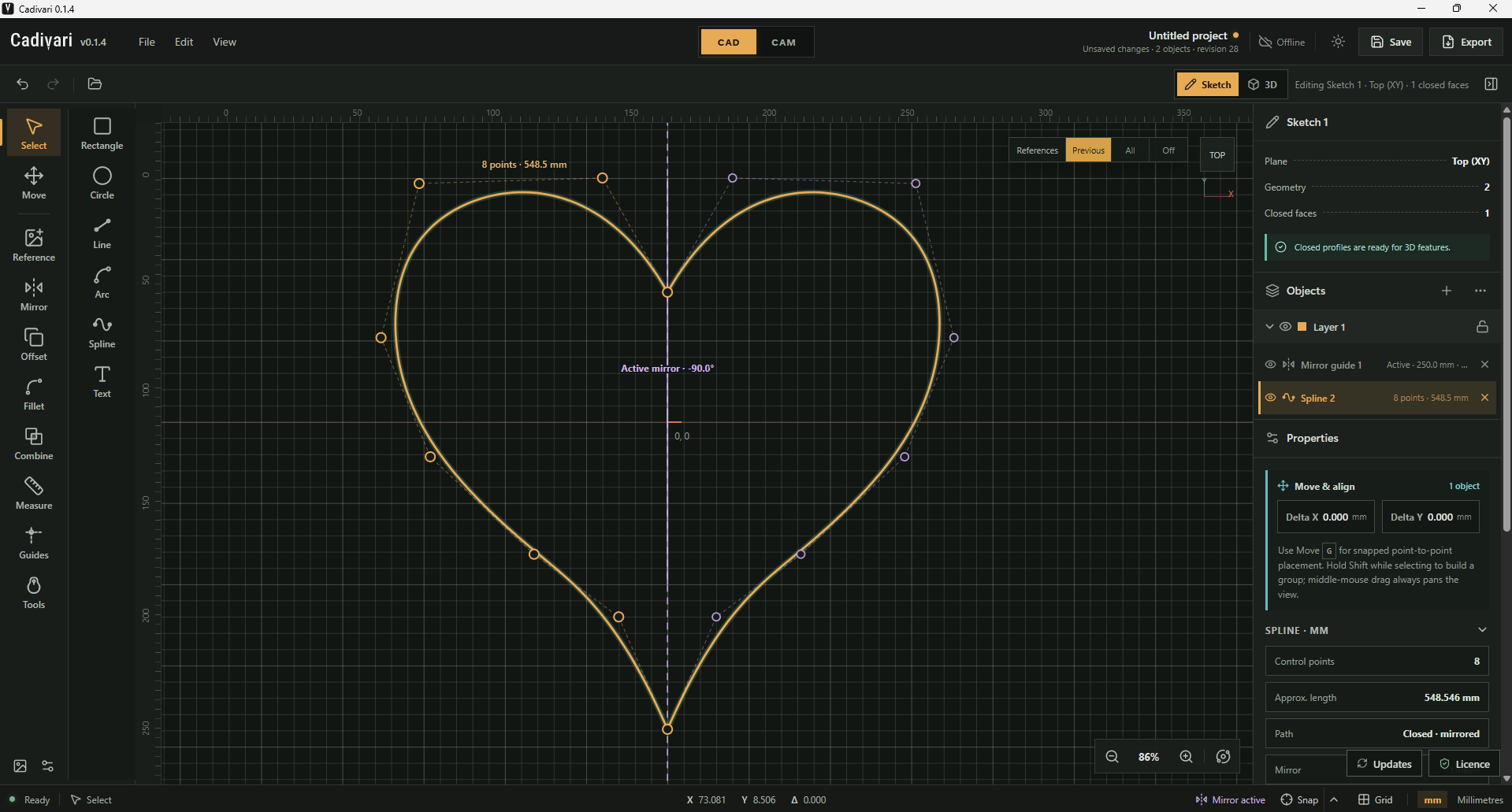 Cadivari showing a symmetric heart-shaped spline across a vertical live mirror guide, with orange source control points and purple mirrored control points.