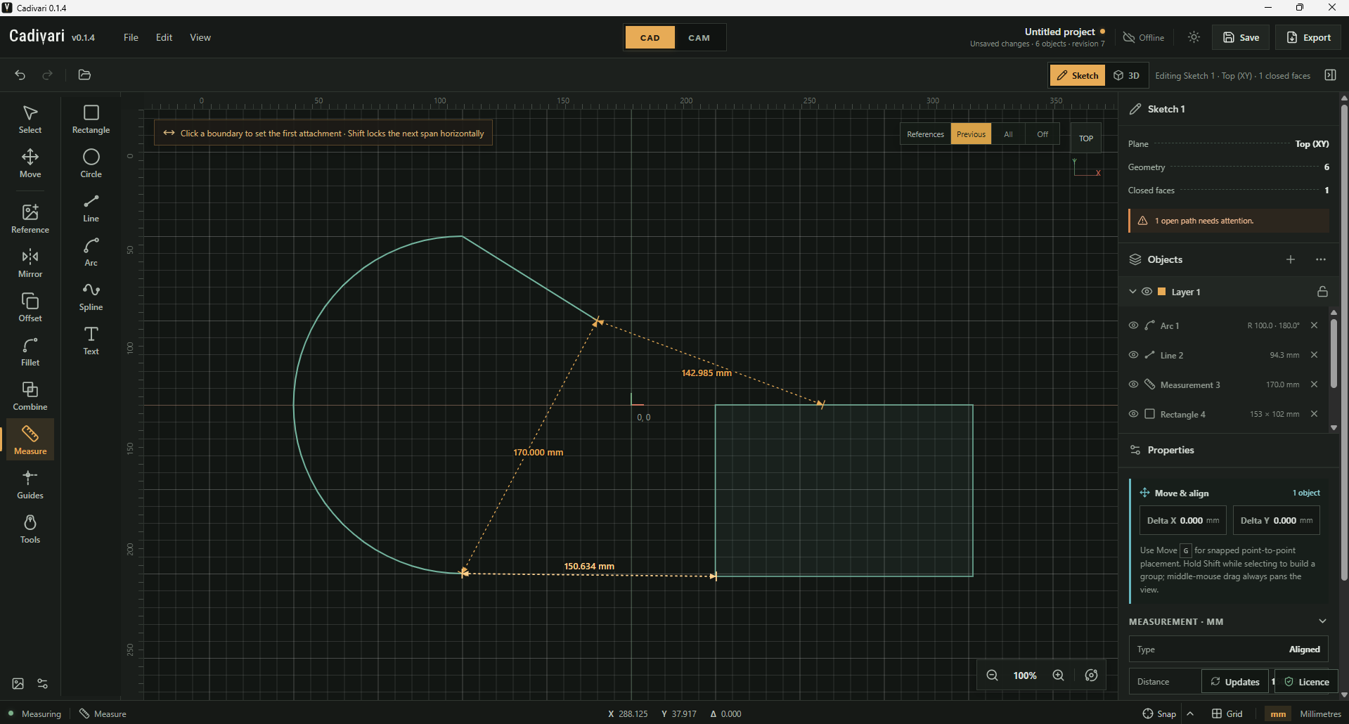 Cadivari with the Measure tool active, showing gold dimension lines labelled 170.000 mm, 142.985 mm and 150.634 mm between an arc, a line and a rectangle, with visibility controls in the object list.