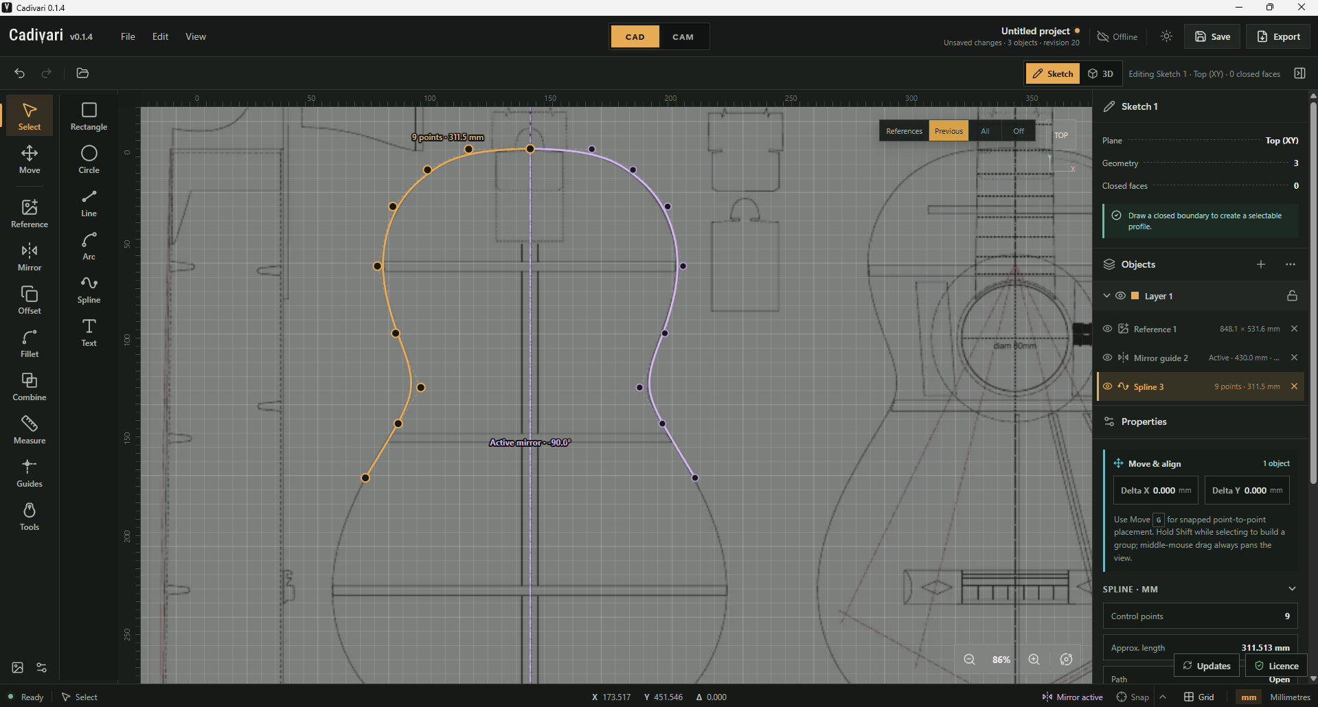 Cadivari showing a guitar plan as a reference image beneath an editable spline outline, with orange control points on the left and a purple mirrored outline on the right.