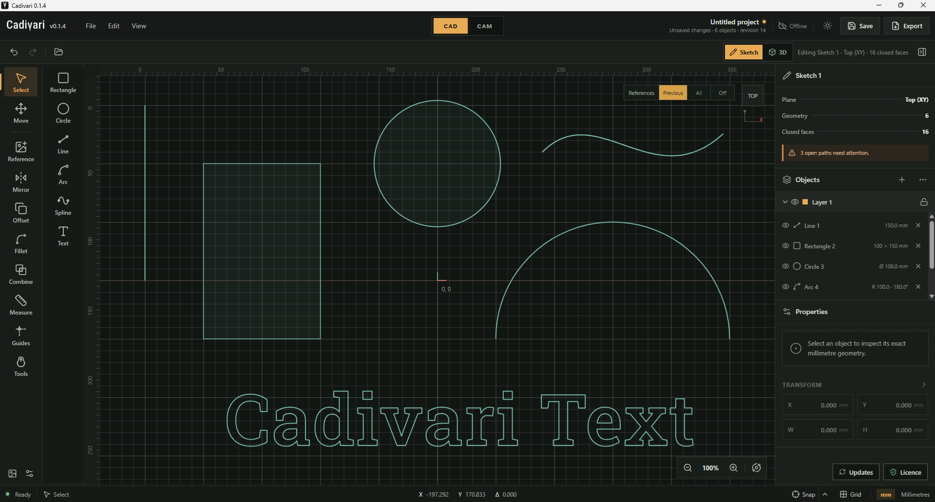Cadivari 0.1.4 showing a line, rectangle, circle, arc, spline and outlined Cadivari Text on the sketch grid, with drawing tools and the object list visible.