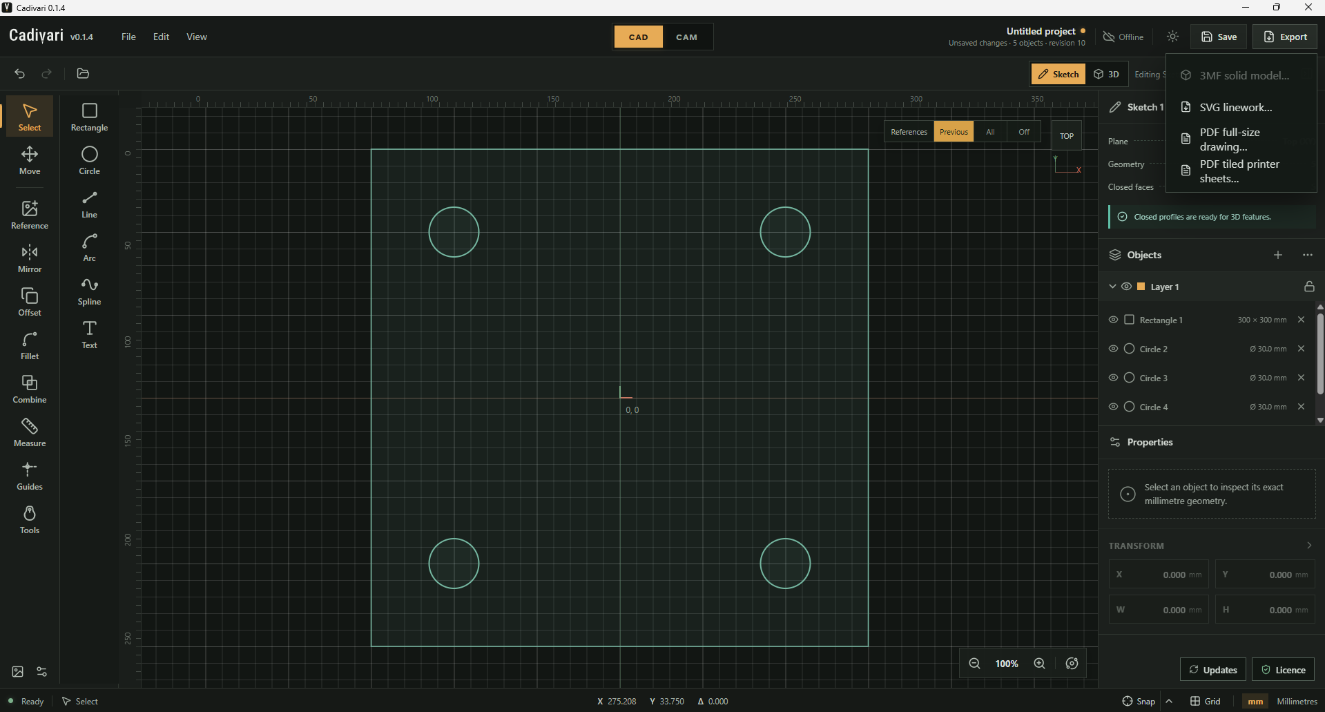 Cadivari showing a 300 by 300 mm square with four circular holes and the Export menu open to SVG linework, PDF full-size drawing and PDF tiled printer sheets.
