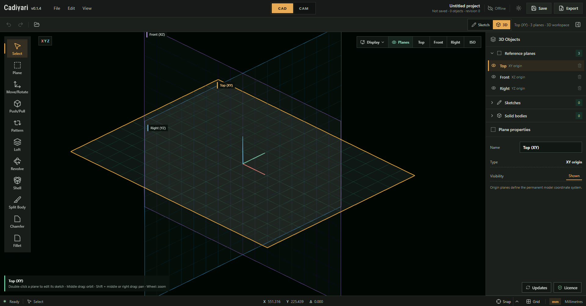 The same Cadivari workspace in dark mode, with bright reference planes against a dark canvas and dark tool panels.
