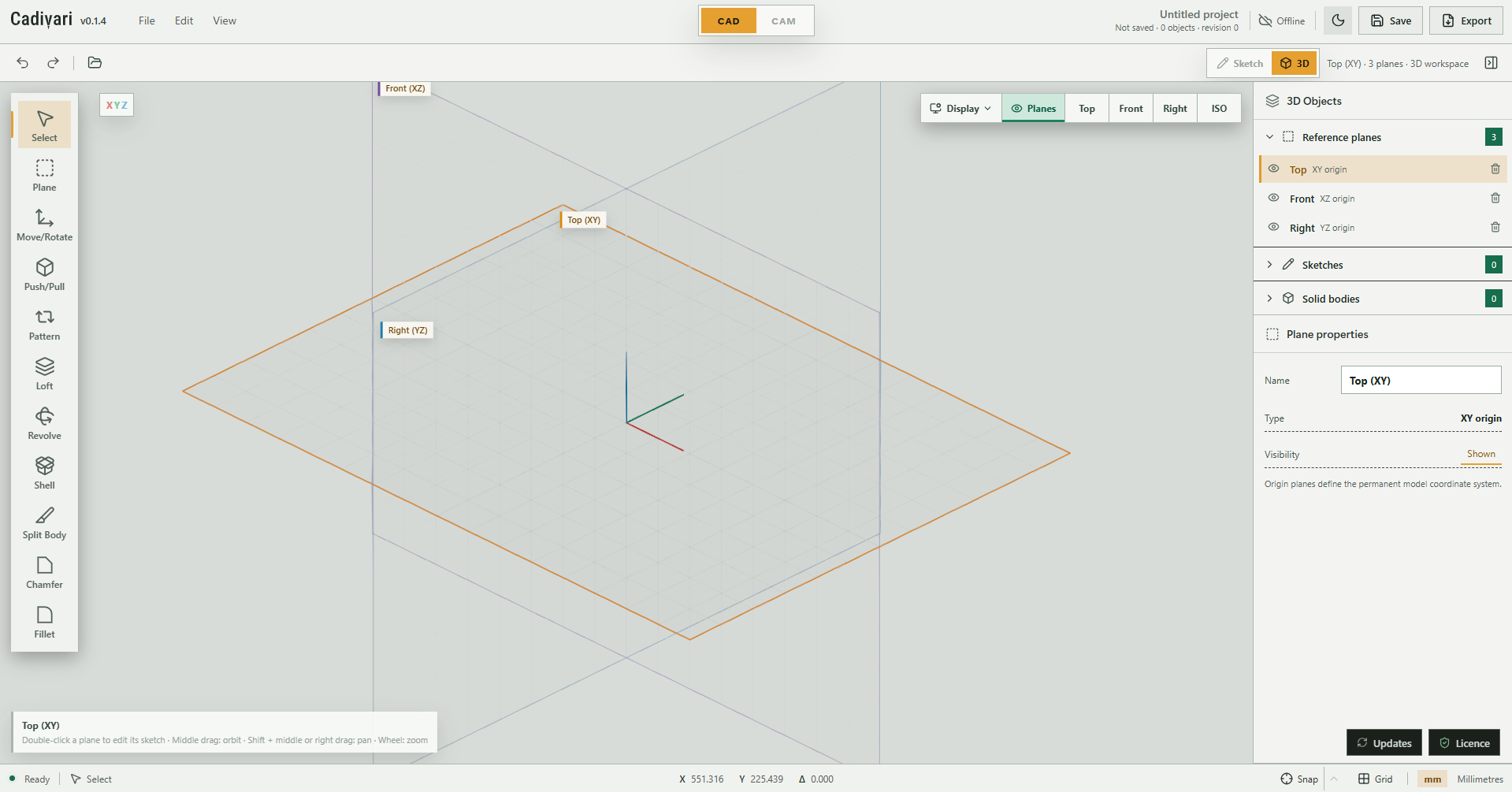 Cadivari in light mode, with a pale workspace, 3D reference planes and the modelling tools and properties panels.